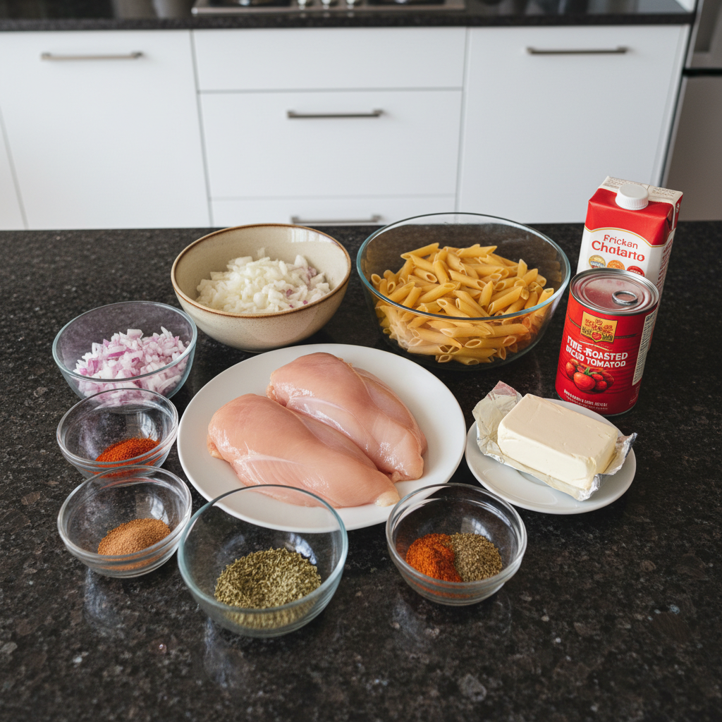 Raw ingredients for creamy Cajun chicken pasta including bell peppers, spices, and cream.
