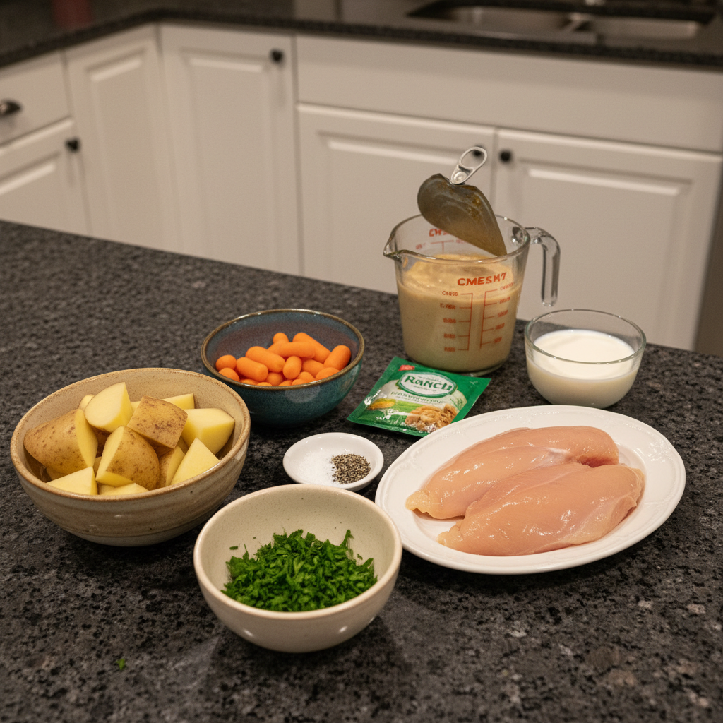 Ingredients for creamy ranch chicken crockpot: chicken, ranch packet, cream cheese.