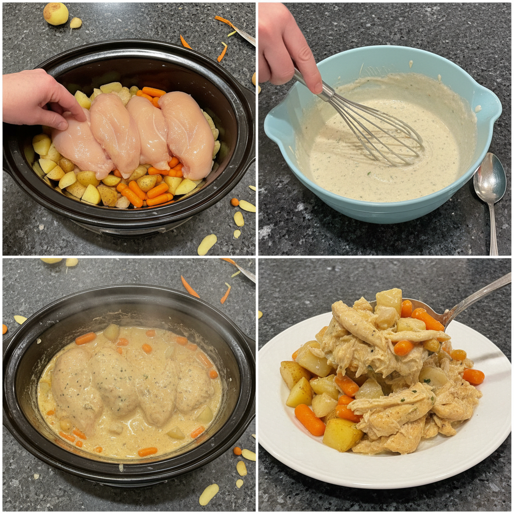 Creamy ranch chicken crockpot being prepared in a slow cooker.