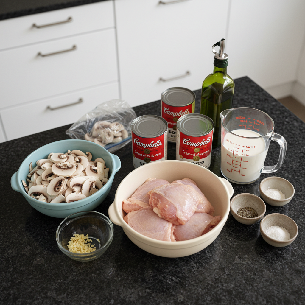 Creamy Smothered Chicken and Rice recipe ingredients: chicken, rice, cream, spices.