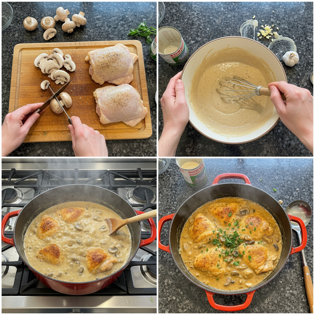Preparing creamy smothered chicken and rice: step-by-step cooking process.