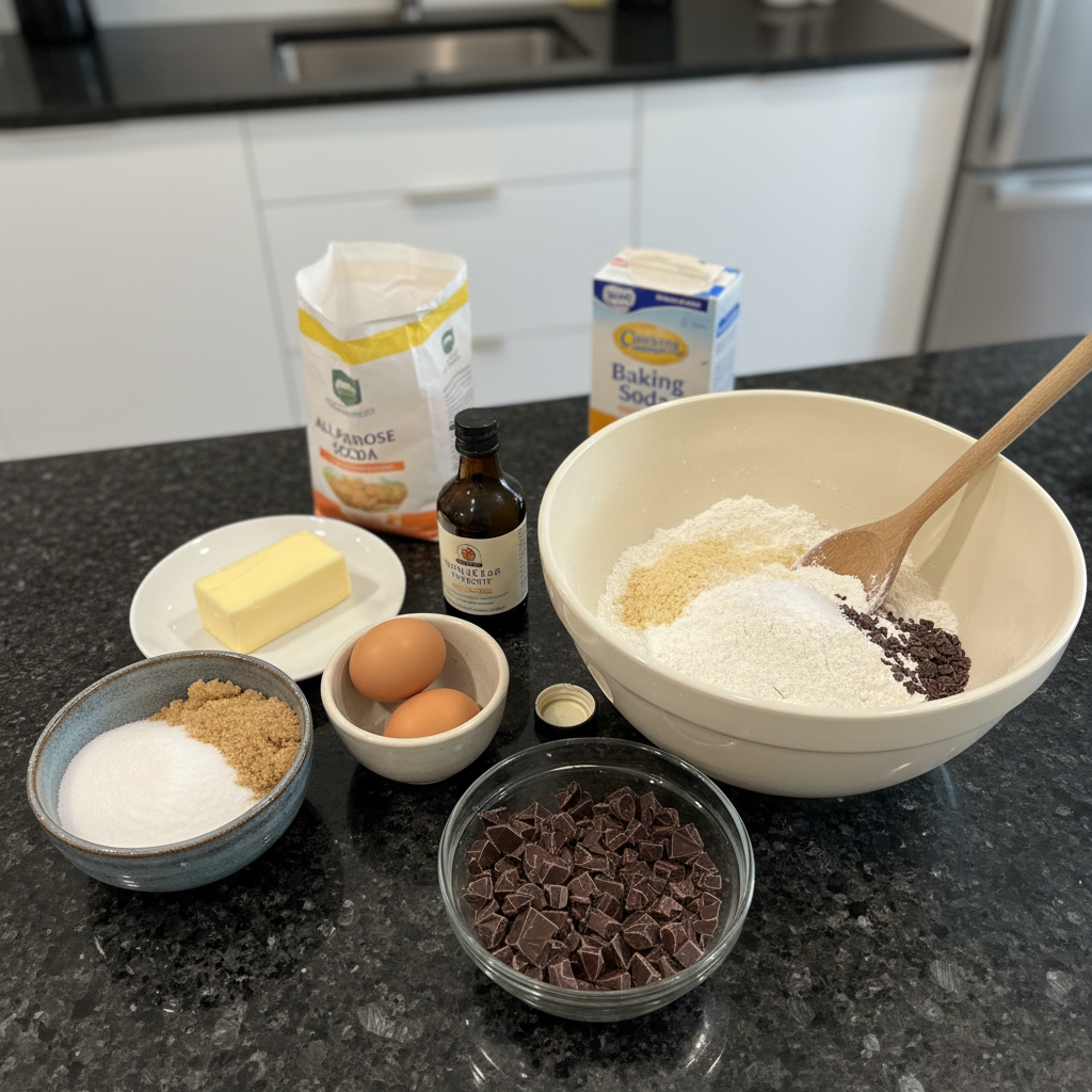 Ingredients for crispy chocolate chip cookies, flour, butter, sugar, chips.