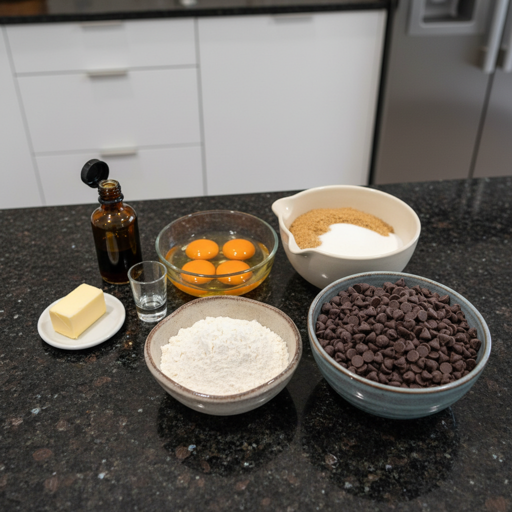 All ingredients to make crispy edge chocolate chip cookies recipe, including flour, sugar and butter.
