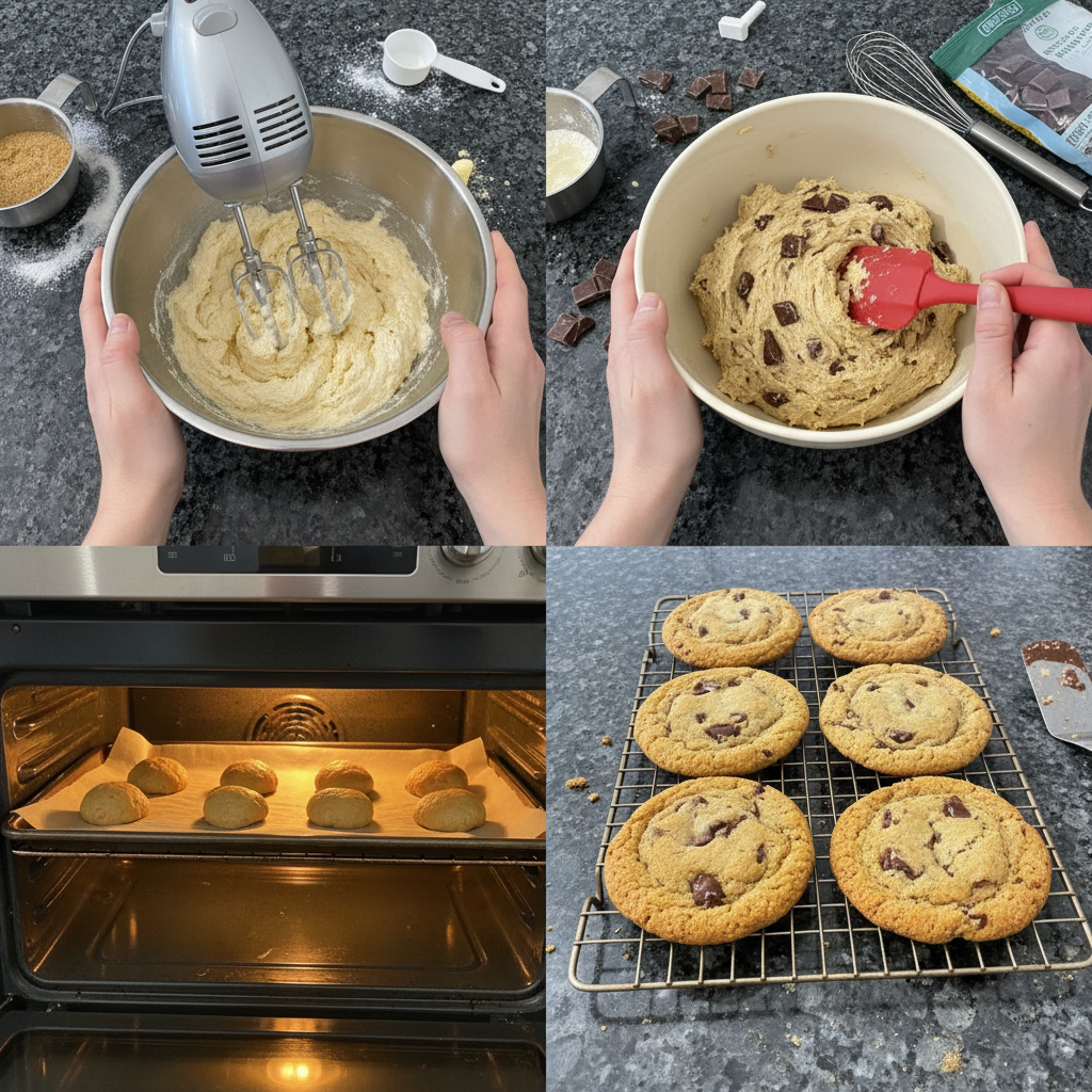 Mixing crispy edge chocolate chip cookie dough in a bowl.