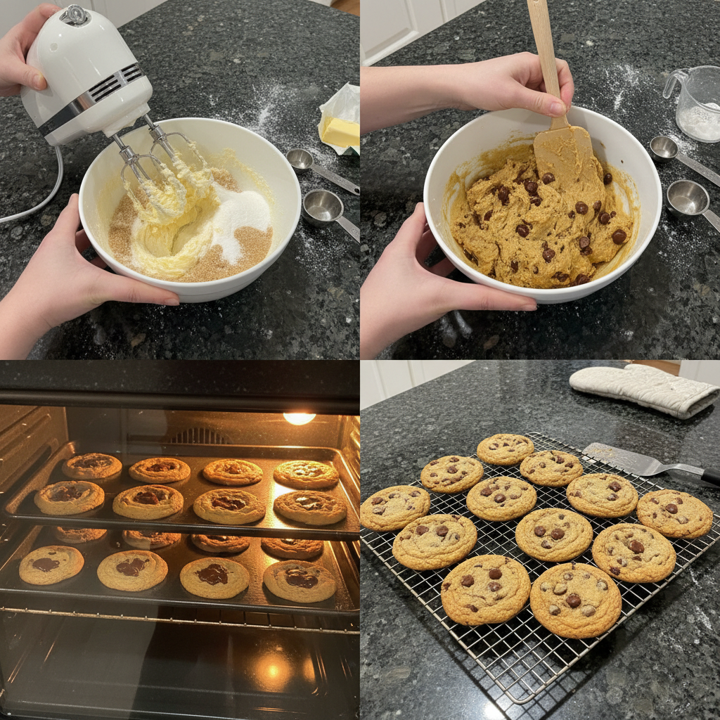 Step-by-step image showing the dough preparation for making crispy edge chocolate chip cookies.