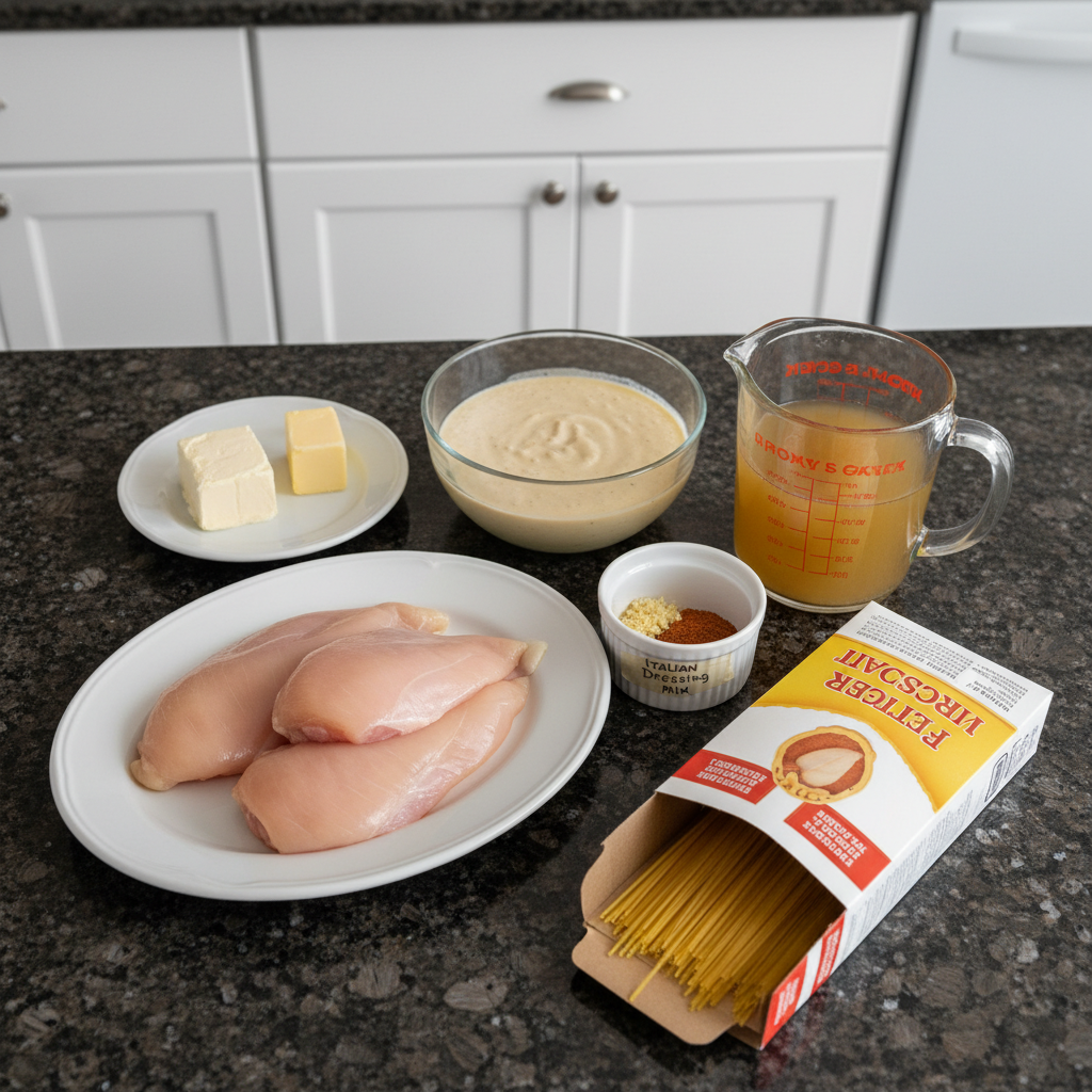 Ingredients for Crock Pot Angel Chicken including cream cheese, butter, and Italian dressing mix.