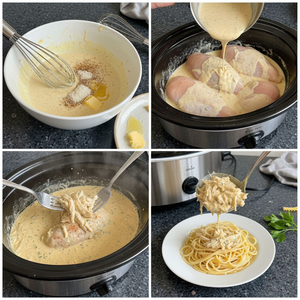 Placing chicken breasts in a slow cooker to start the Crock Pot Angel Chicken recipe.