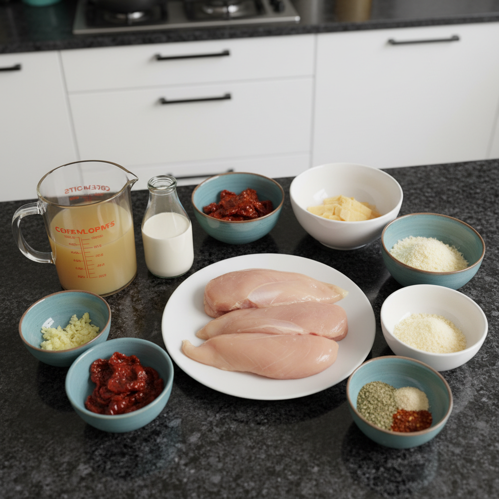 Ingredients for Crock Pot Marry Me Chicken including chicken breasts, sun-dried tomatoes, and heavy cream.