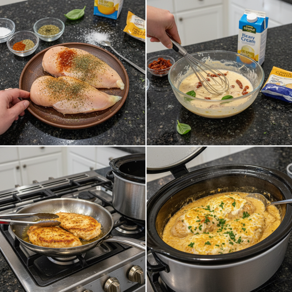 Seasoned chicken being placed into a slow cooker for Crock Pot Marry Me Chicken.