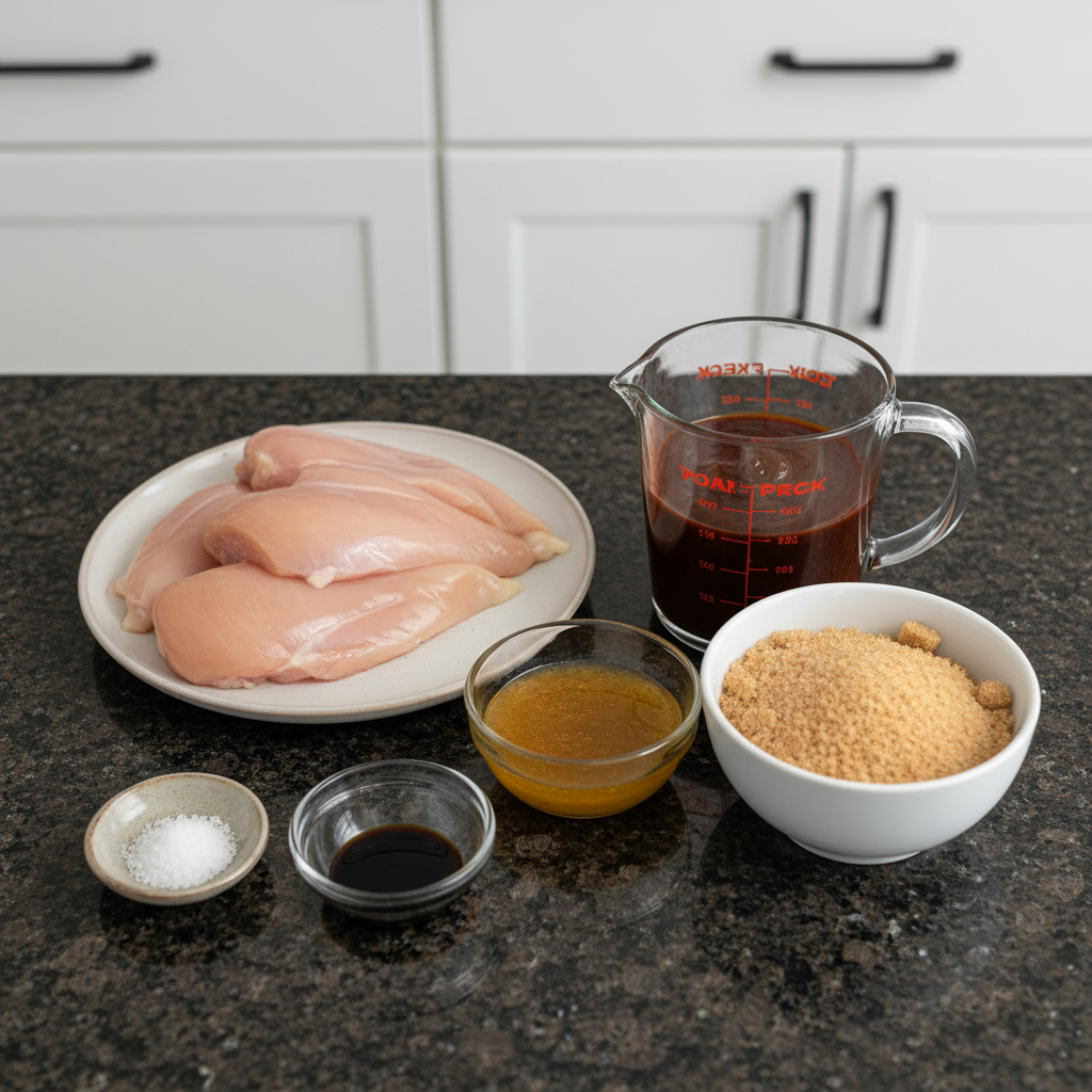 All the ingredients needed for Crockpot BBQ Chicken laid out on a wooden surface.