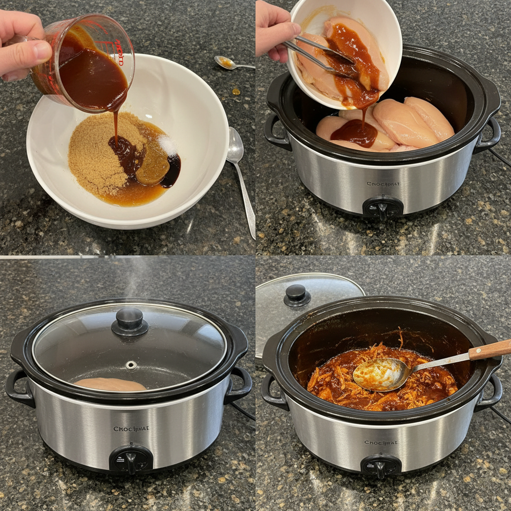 Step-by-step instructions showing how to prepare Crockpot BBQ Chicken.