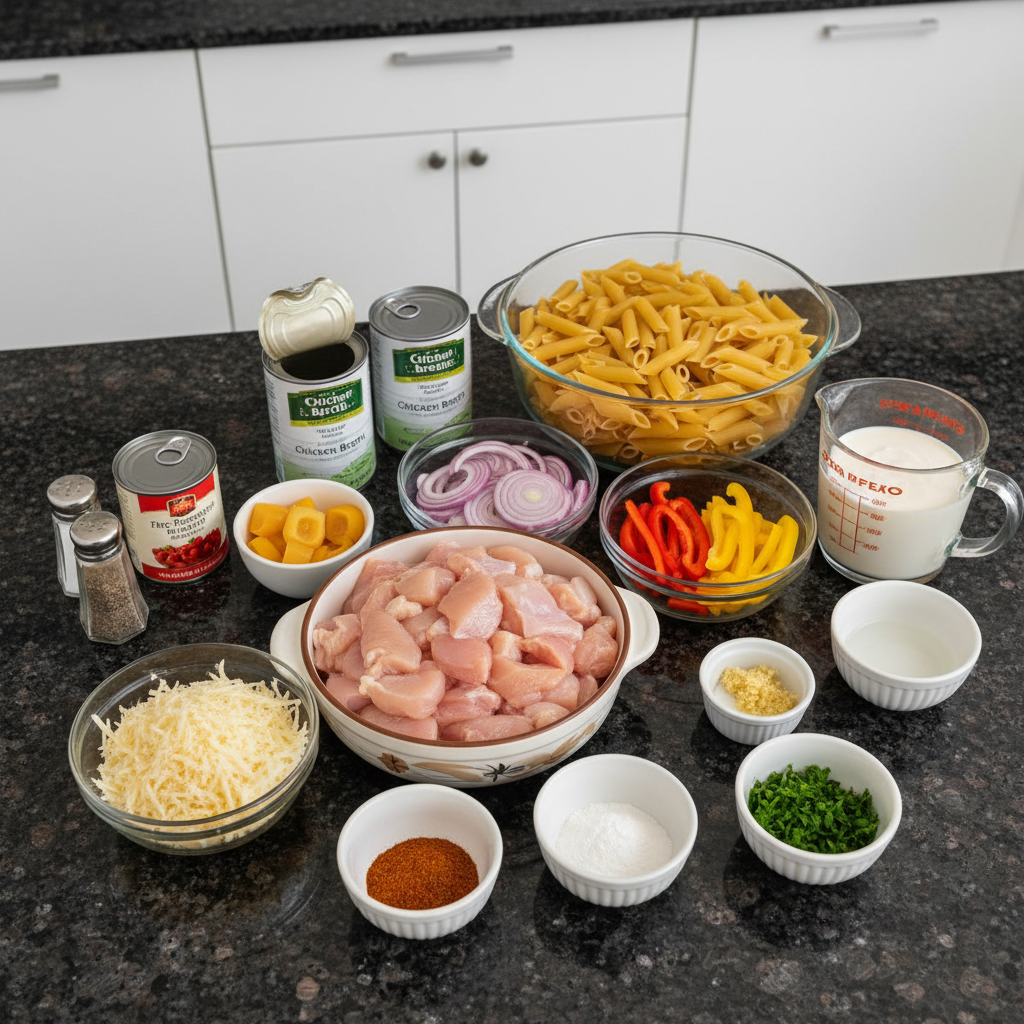 Cajun chicken pasta ingredients laid out for a crockpot recipe.