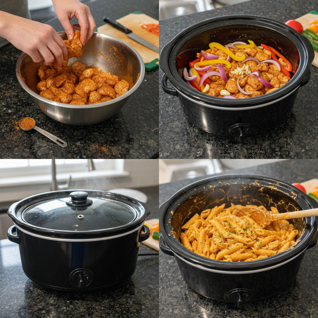 Preparing crockpot cajun chicken pasta in a slow cooker.
