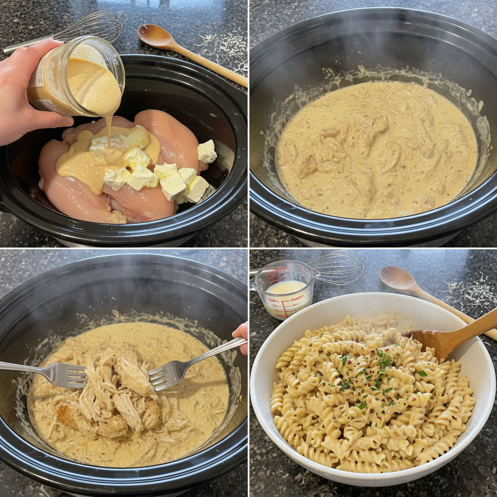 Easy prep for crockpot garlic parmesan chicken pasta in a slow cooker.