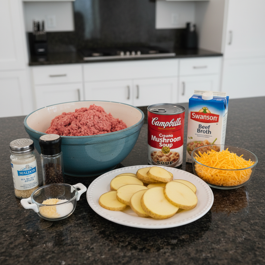 Ingredients for crockpot hamburger potato casserole recipe.