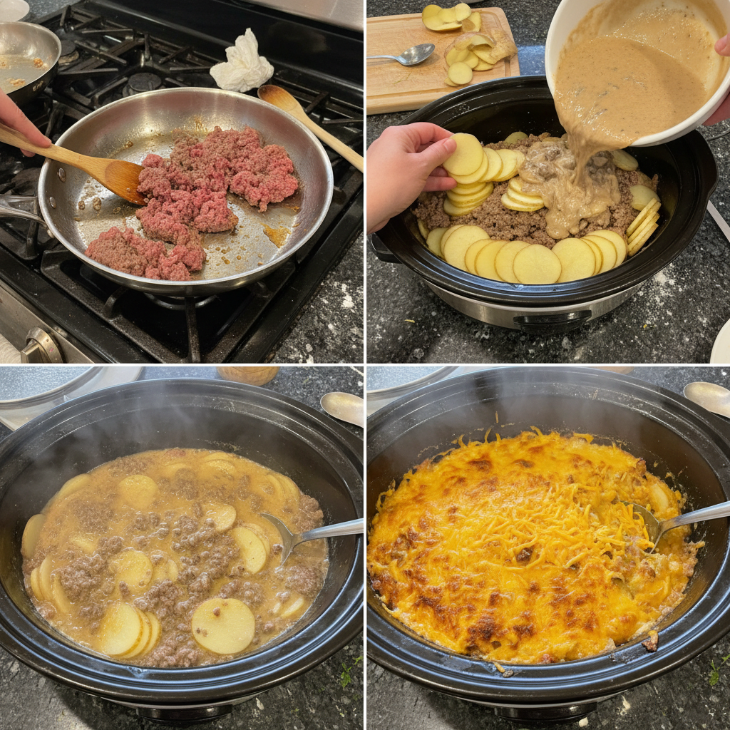 Preparing crockpot hamburger potato casserole layers.