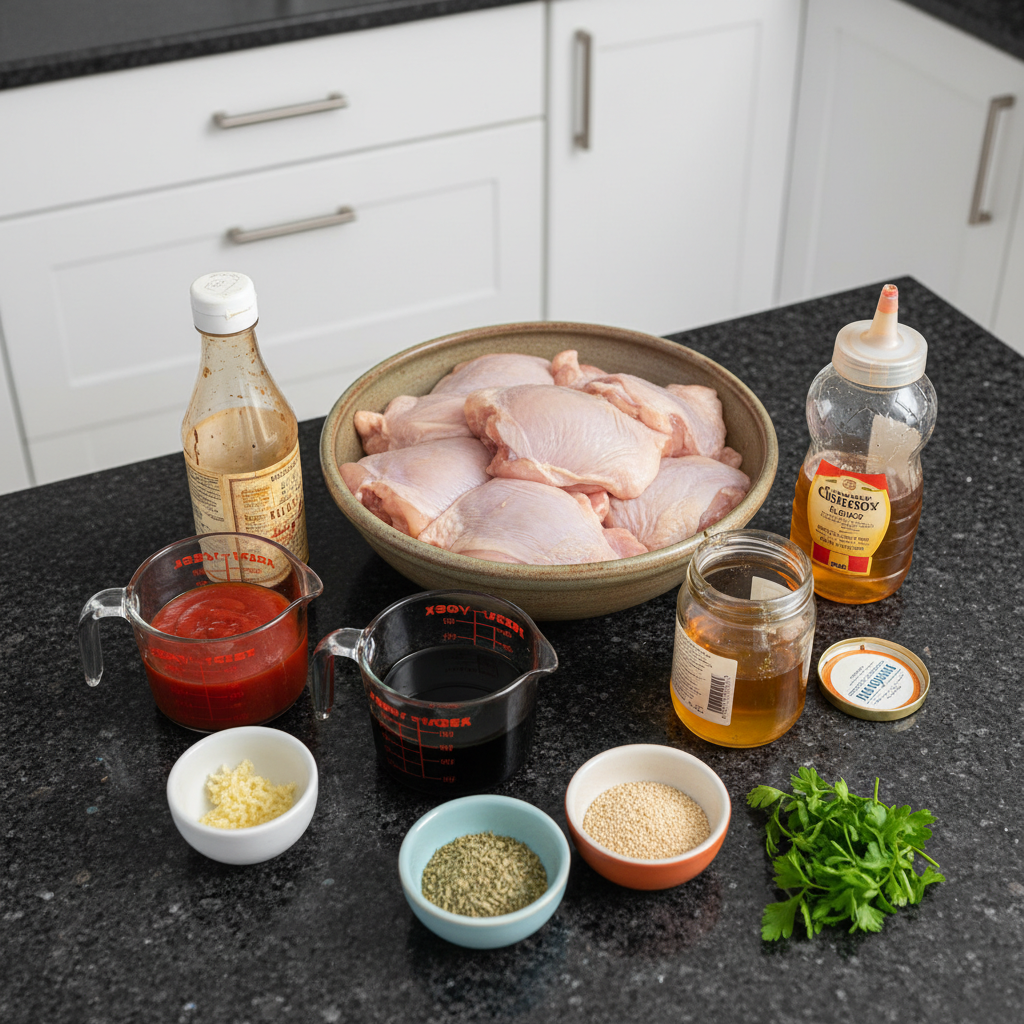 Ingredients for crockpot honey garlic chicken including chicken breasts, honey, soy sauce, and fresh garlic.