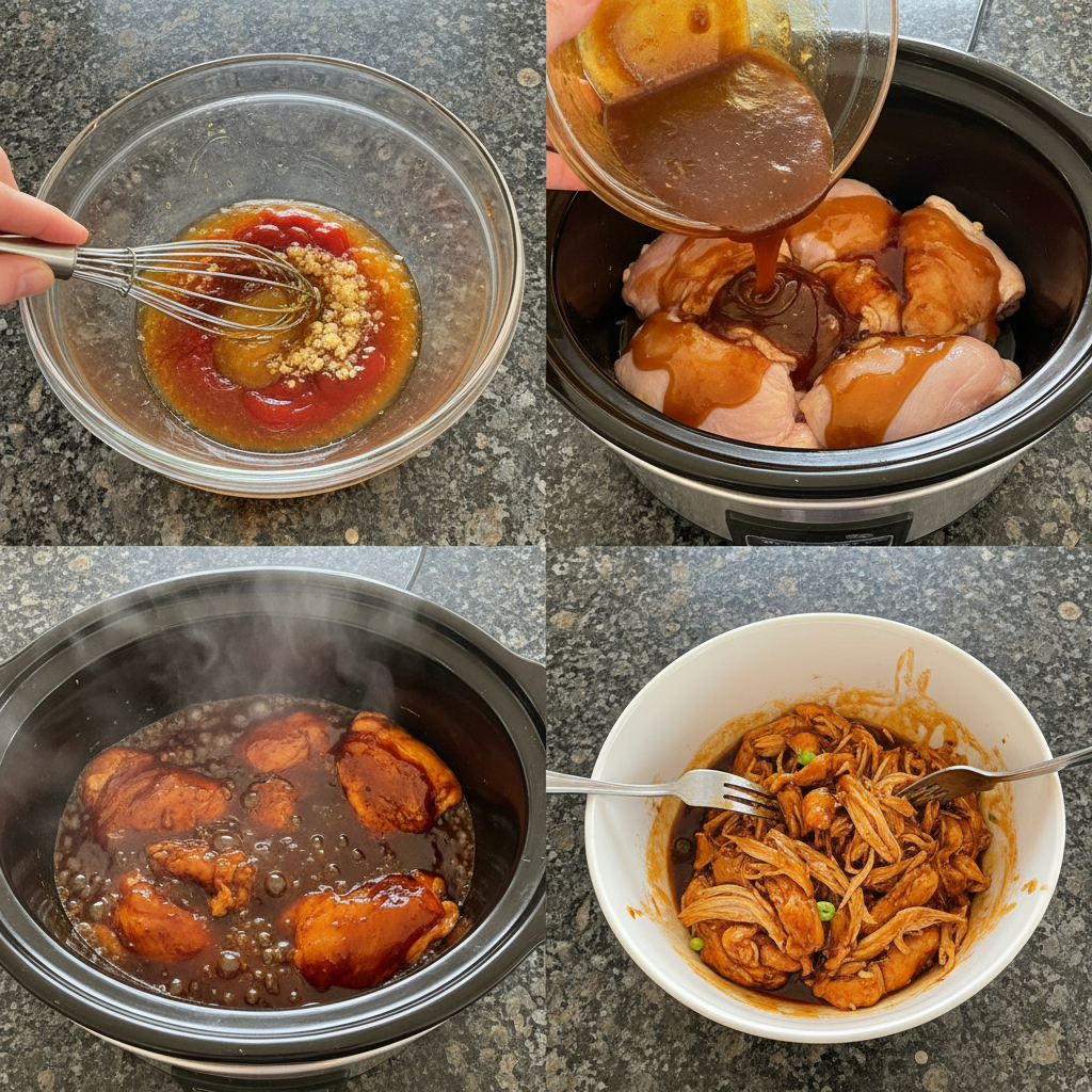 Pouring honey sauce over chicken in a slow cooker for crockpot honey garlic chicken.
