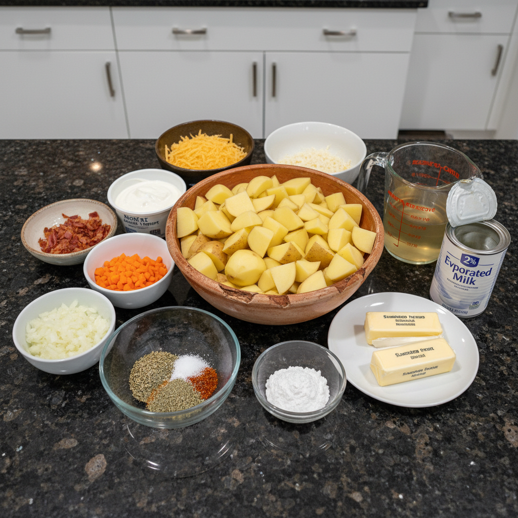 Overhead shot of raw ingredients for making delicious potato soup in a crockpot.