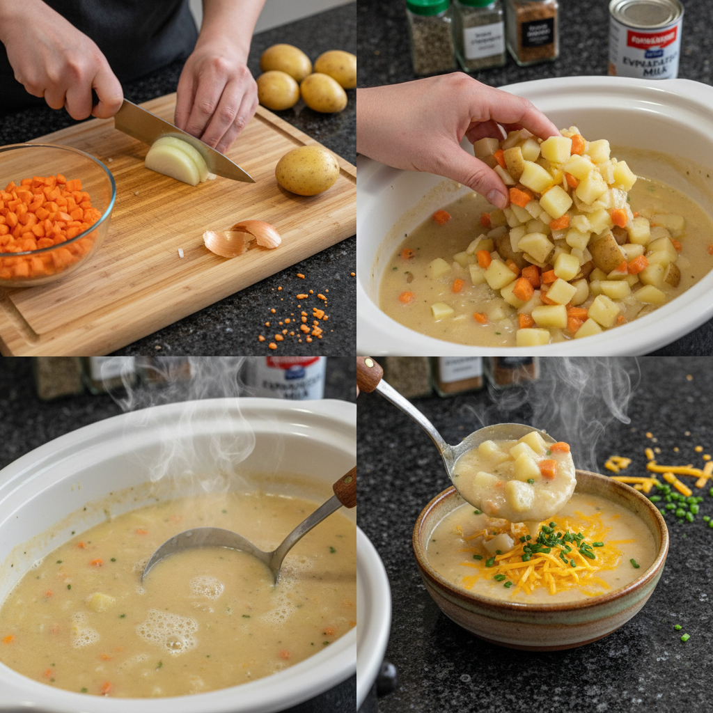Step-by-step instructions for preparing creamy crockpot potato soup recipe.