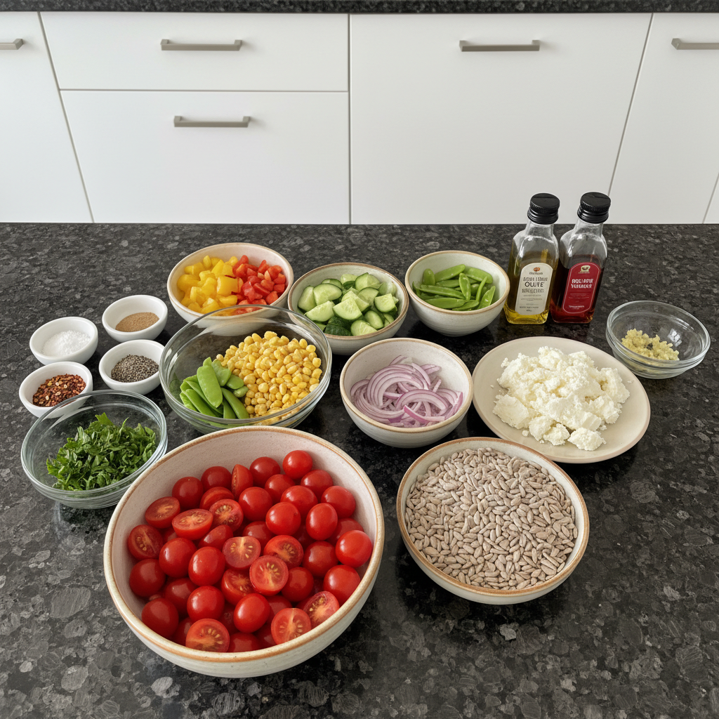 Close-up of fresh ingredients for making delicious summer salad recipes.