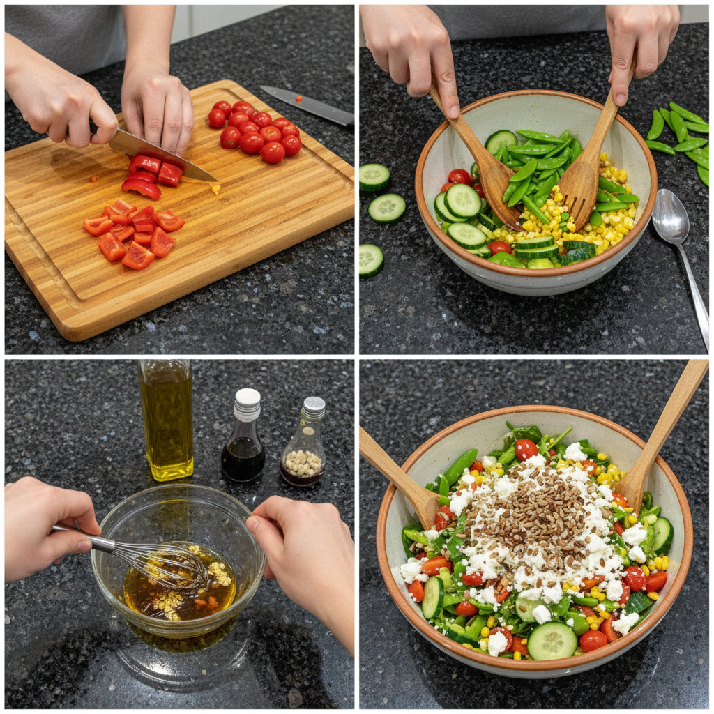 Step-by-step prep of healthy fresh summer salad recipes in a kitchen setting.