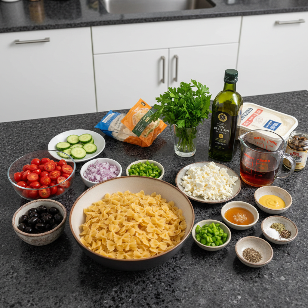 Fresh ingredients for making Greek pasta salad recipe.