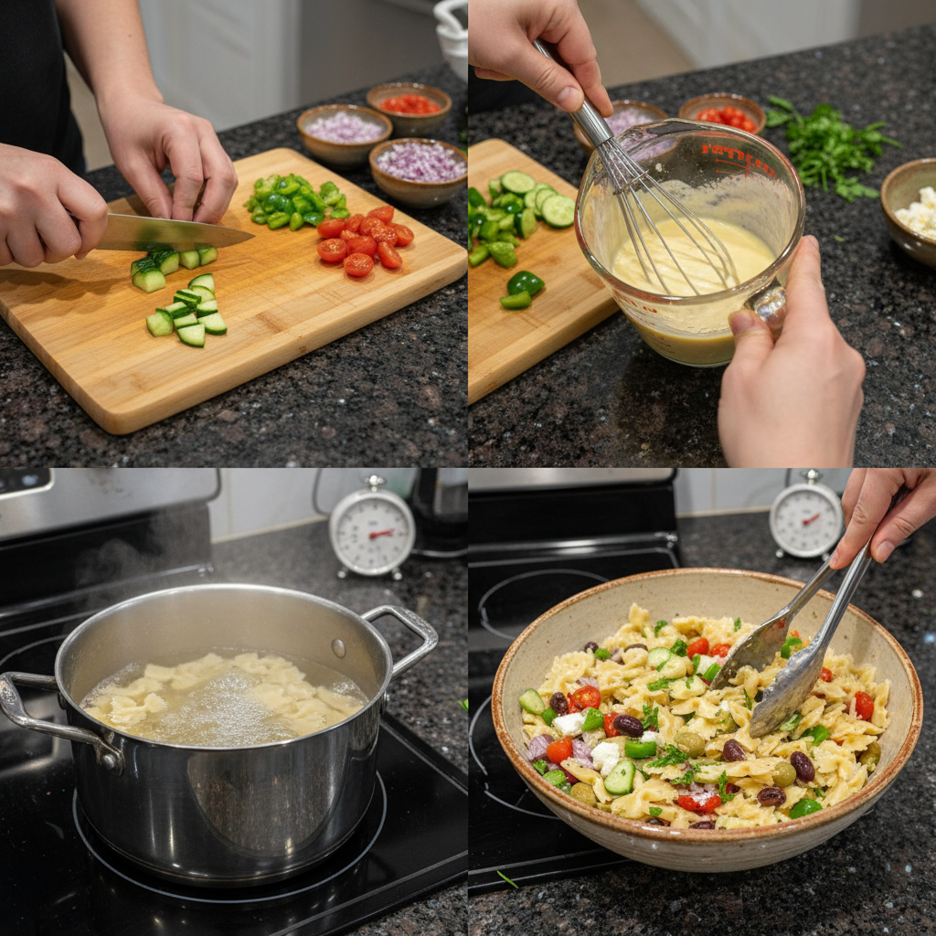 Preparing Greek pasta salad, mixing vegetables and pasta.