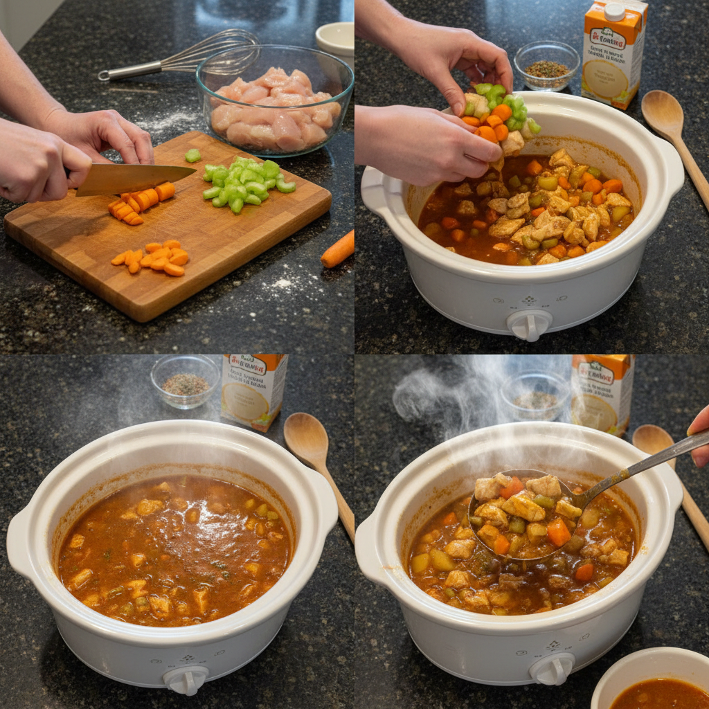 Preparing healthy crockpot recipes in slow cooker.
