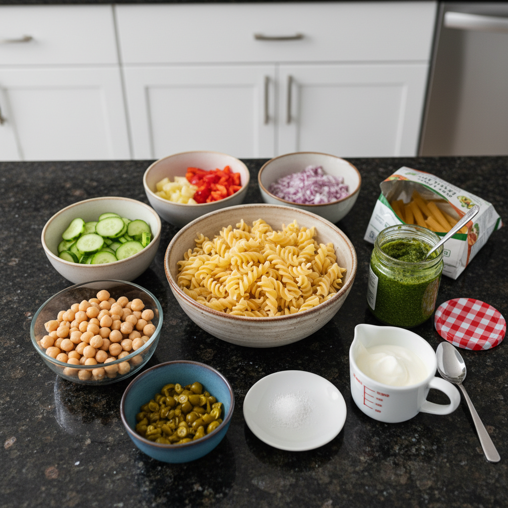 All ingredients for a vibrant high protein pasta salad recipe.