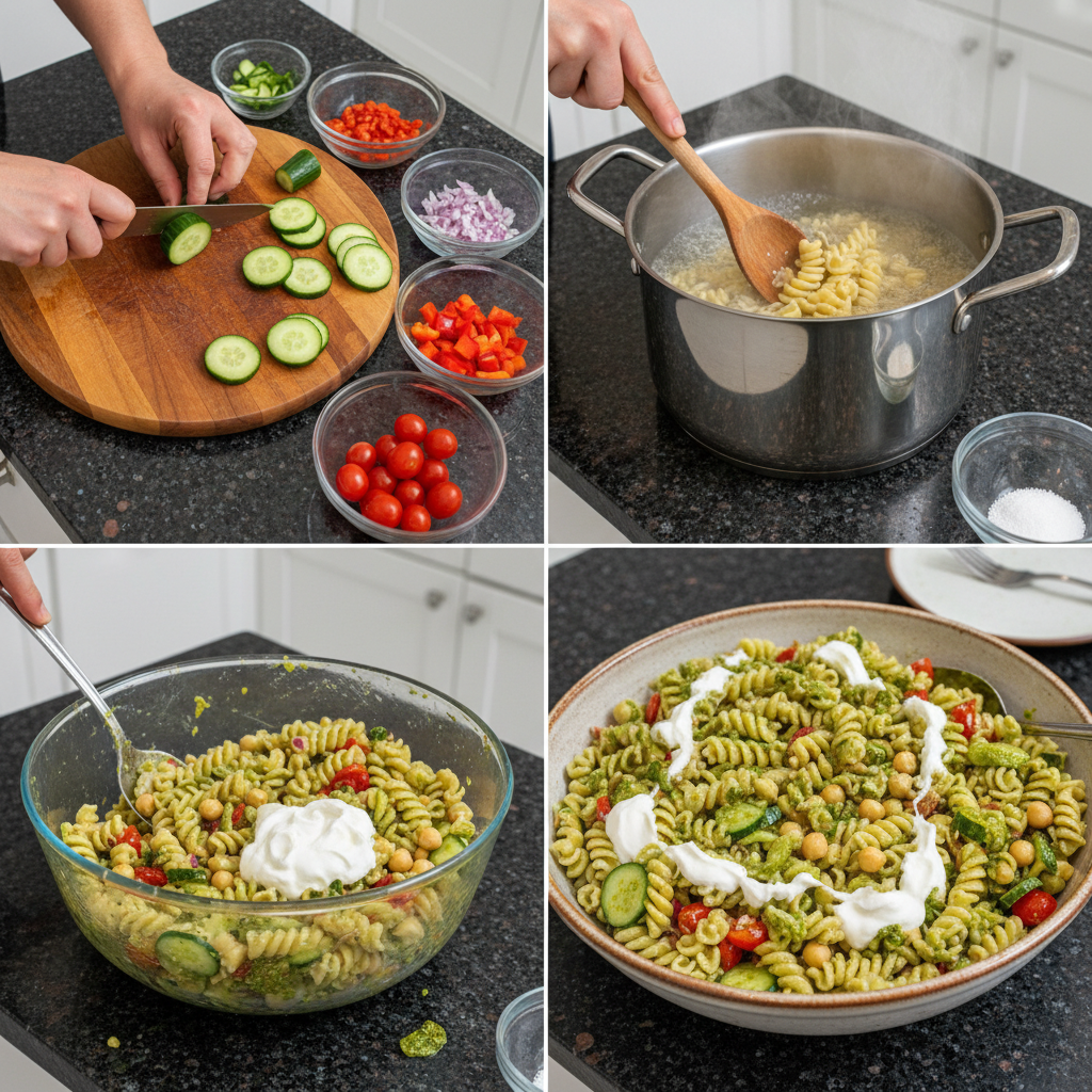 Step-by-step preparation of delicious high protein pasta salad.