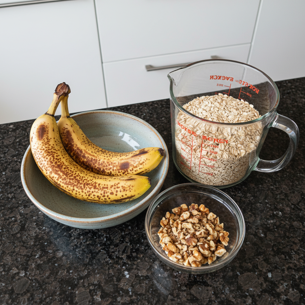 Raw ingredients for healthy banana oatmeal cookies including rolled oats and ripe bananas.