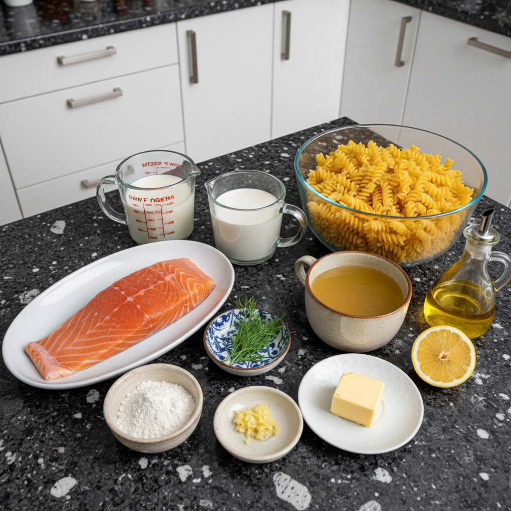 Raw ingredients needed for Lemon Dill Salmon Pasta including fresh fish, cream, pasta, and citrus.