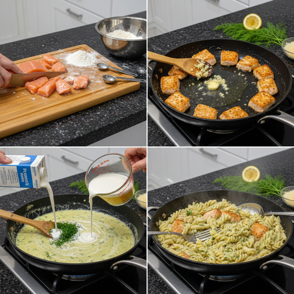 Tossing noodles and flaked fish in a skillet to make Lemon Dill Salmon Pasta.