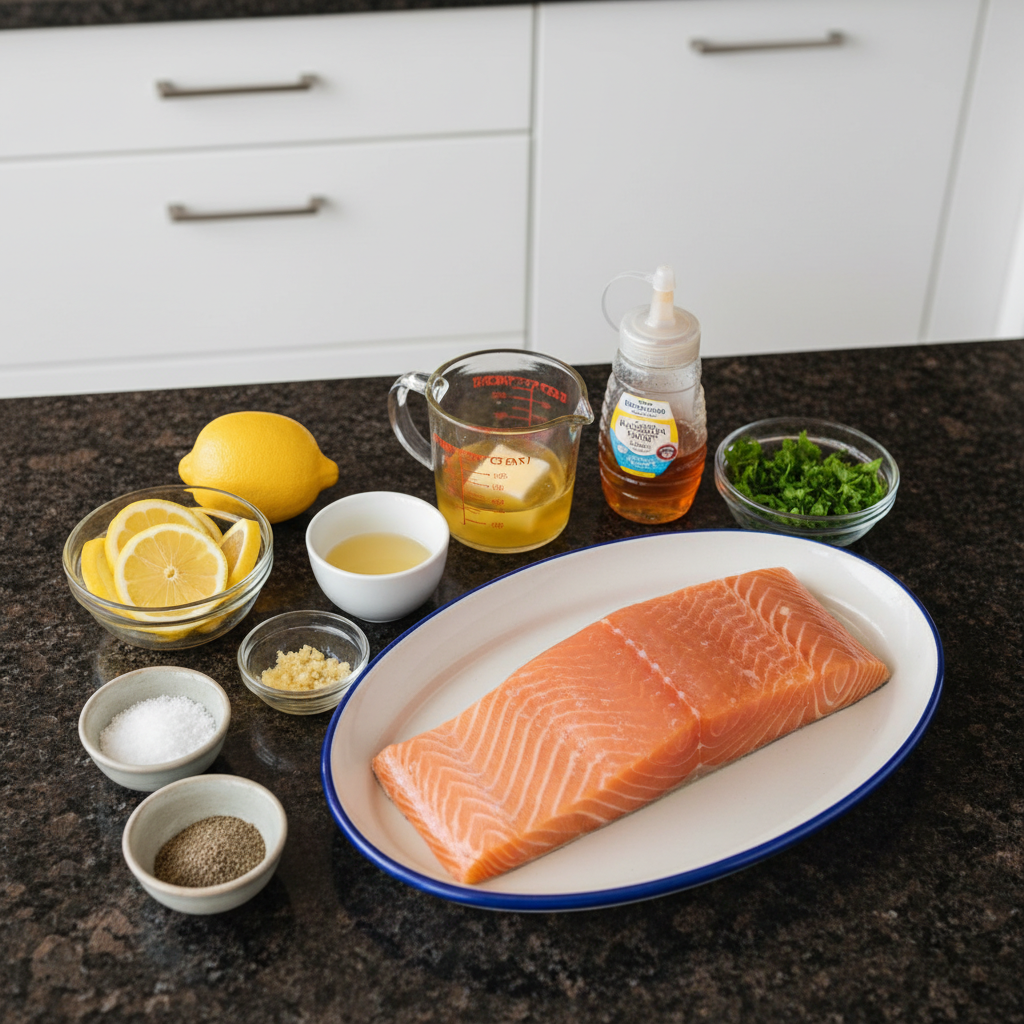 Fresh ingredients for making sheet pan lemon garlic salmon.