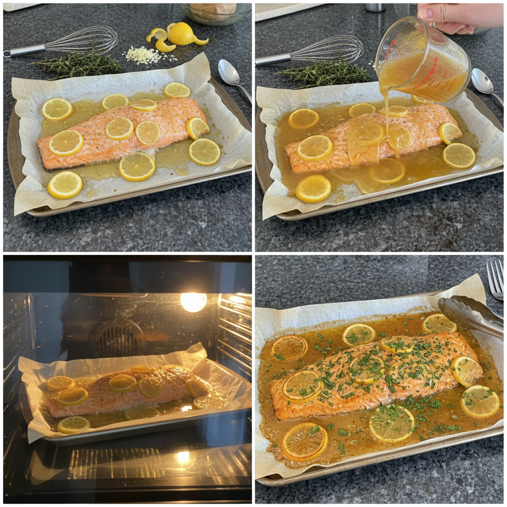 Preparing sheet pan lemon garlic salmon on a baking sheet.