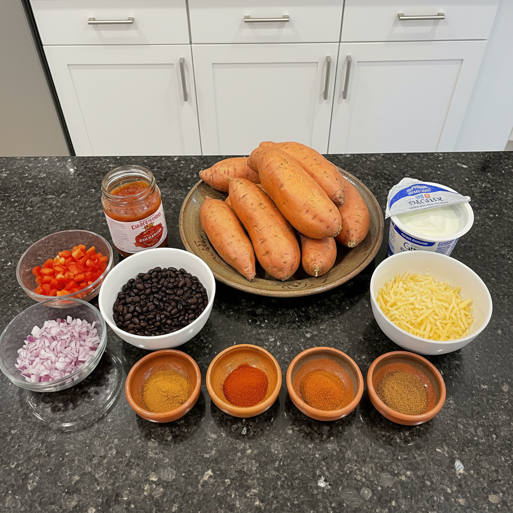 Fresh ingredients for a loaded sweet potato including beans, avocado, lime, and cilantro.