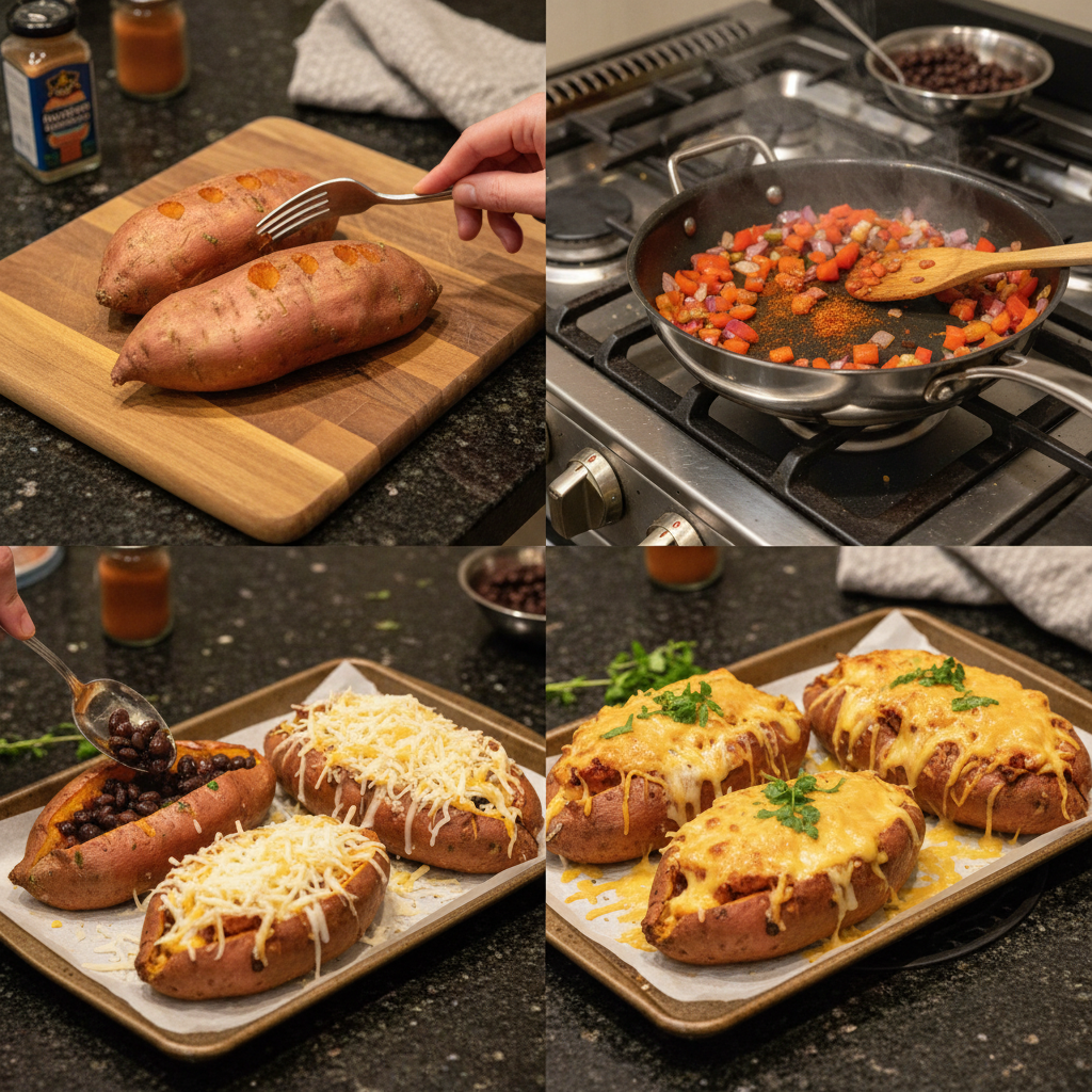 Slicing a baked loaded sweet potato open to prepare it for flavorful toppings.