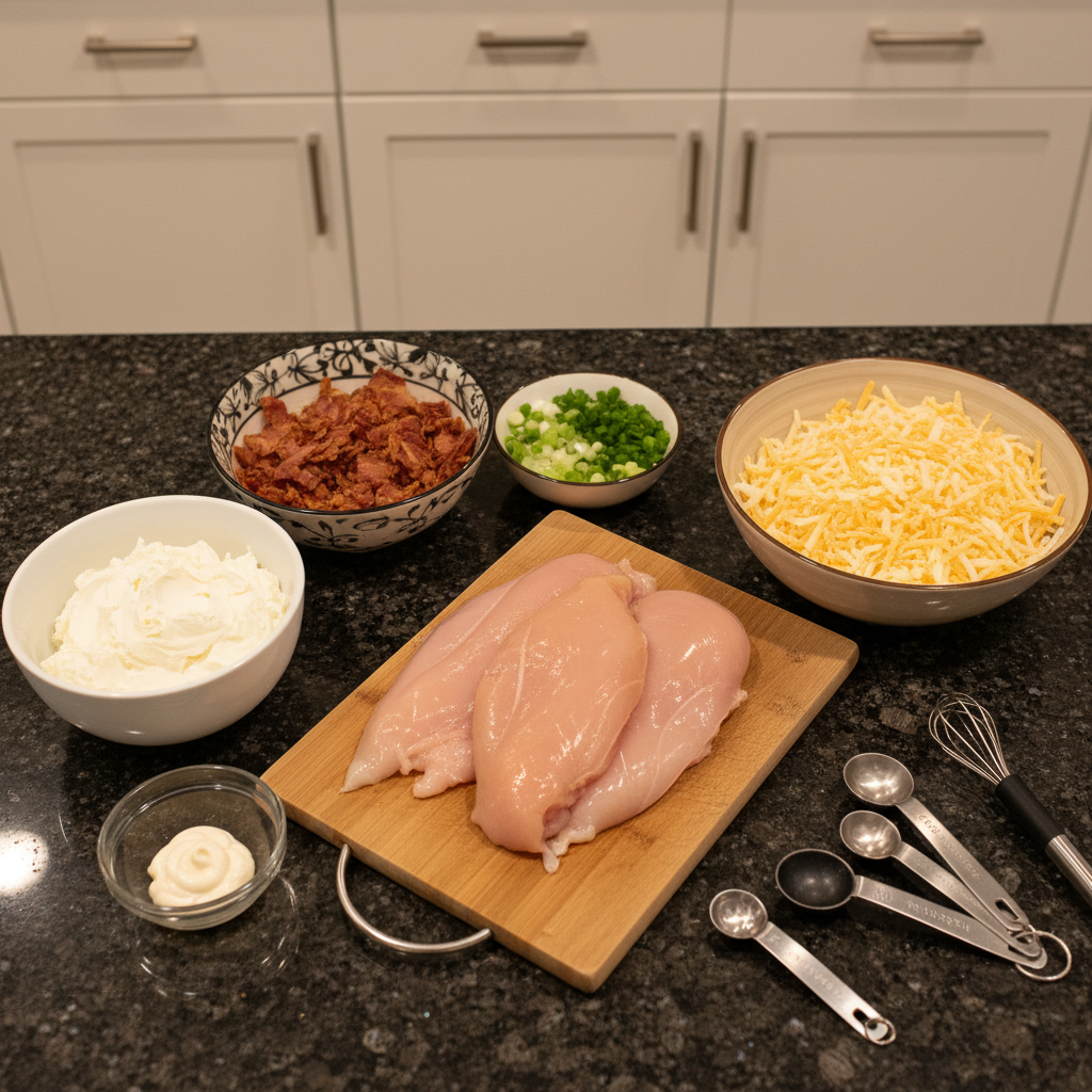 All ingredients for Million Dollar Chicken Breast recipe displayed.