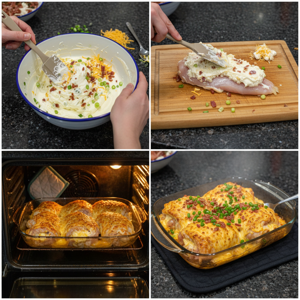 Step-by-step prep for Million Dollar Chicken Breast being assembled.