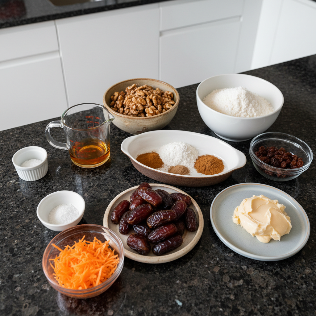 All the fresh ingredients to make mini carrot cake dessert balls.
