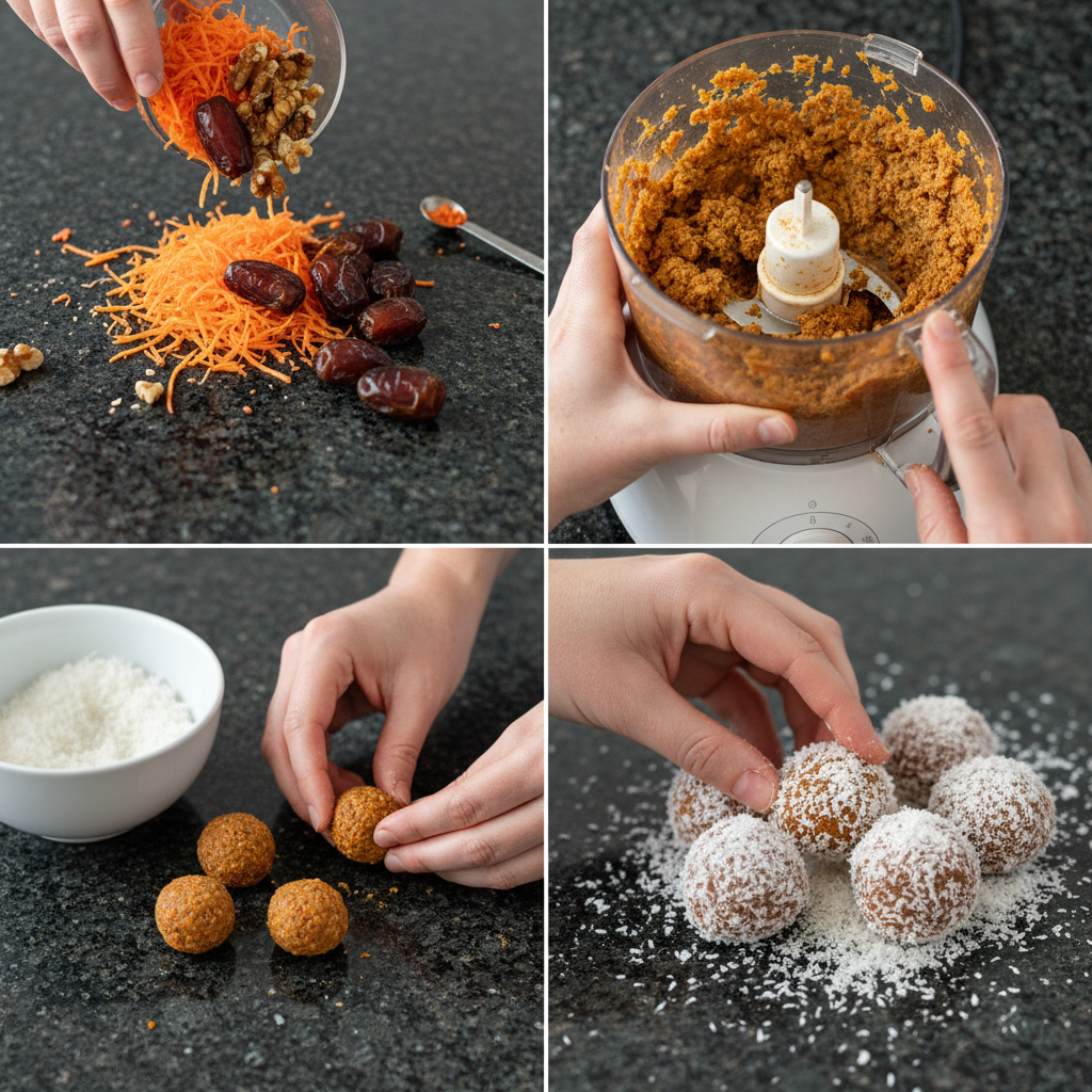 Step-by-step prep shots for the mini carrot cake dessert balls recipe.