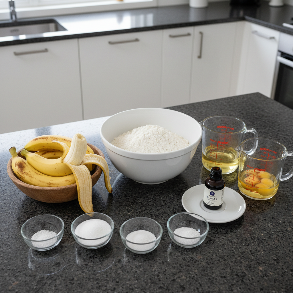Ingredients for no butter banana bread: bananas, flour, eggs, and spices.