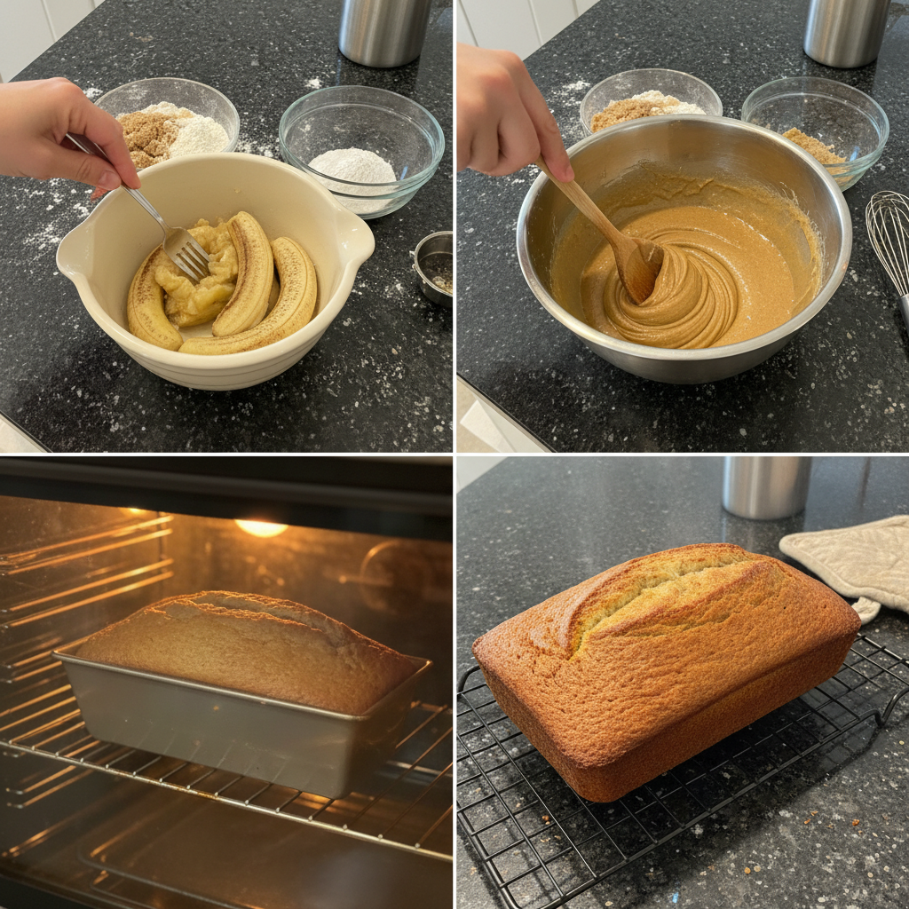 Mashed bananas in a bowl for no butter banana bread recipe preparation.