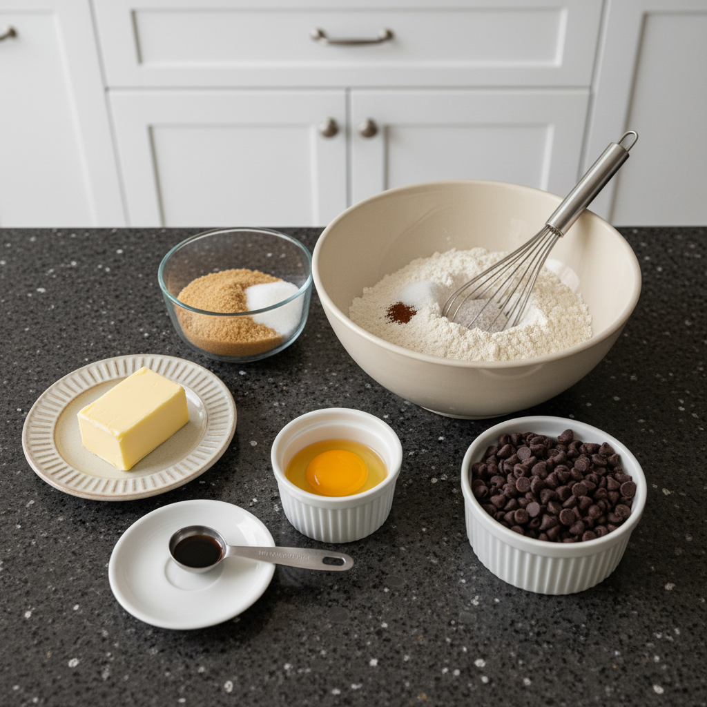Ingredients for old fashioned chocolate chip cookies: flour, butter, sugar, eggs, chocolate chips.