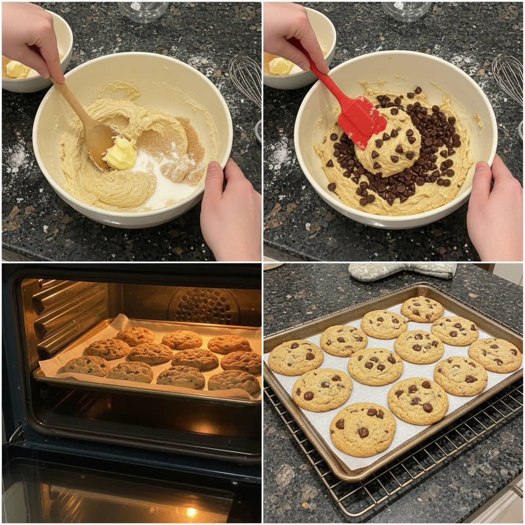 Mixing old fashioned chocolate chip cookie dough in a bowl.