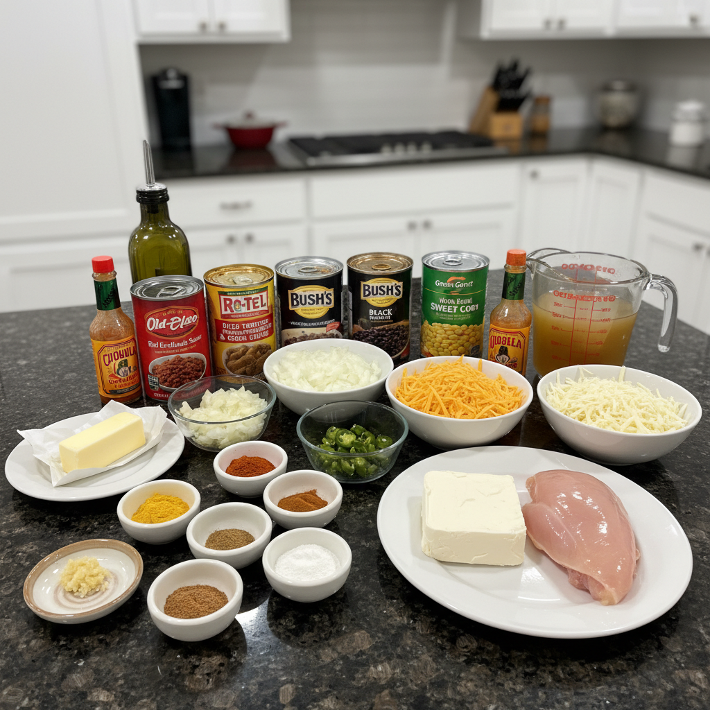 Colorful ingredients for one-pot enchilada soup, including beans, corn, and spices.