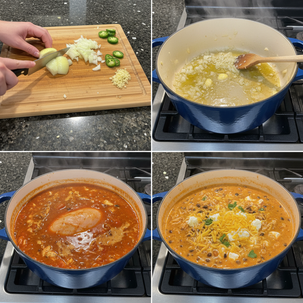 Step-by-step prep of one-pot enchilada soup in a pot, simmering on the stovetop.