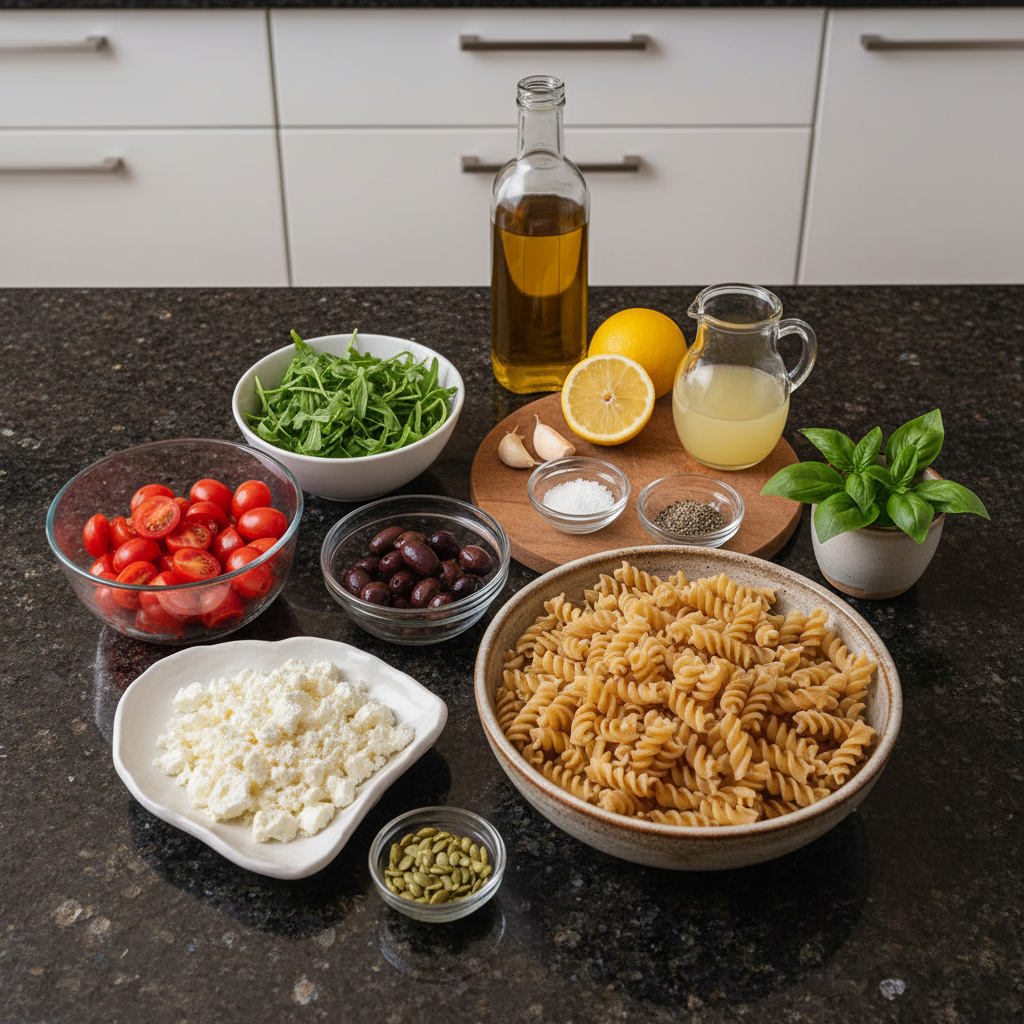 All the fresh ingredients needed to make pesto pasta salad.