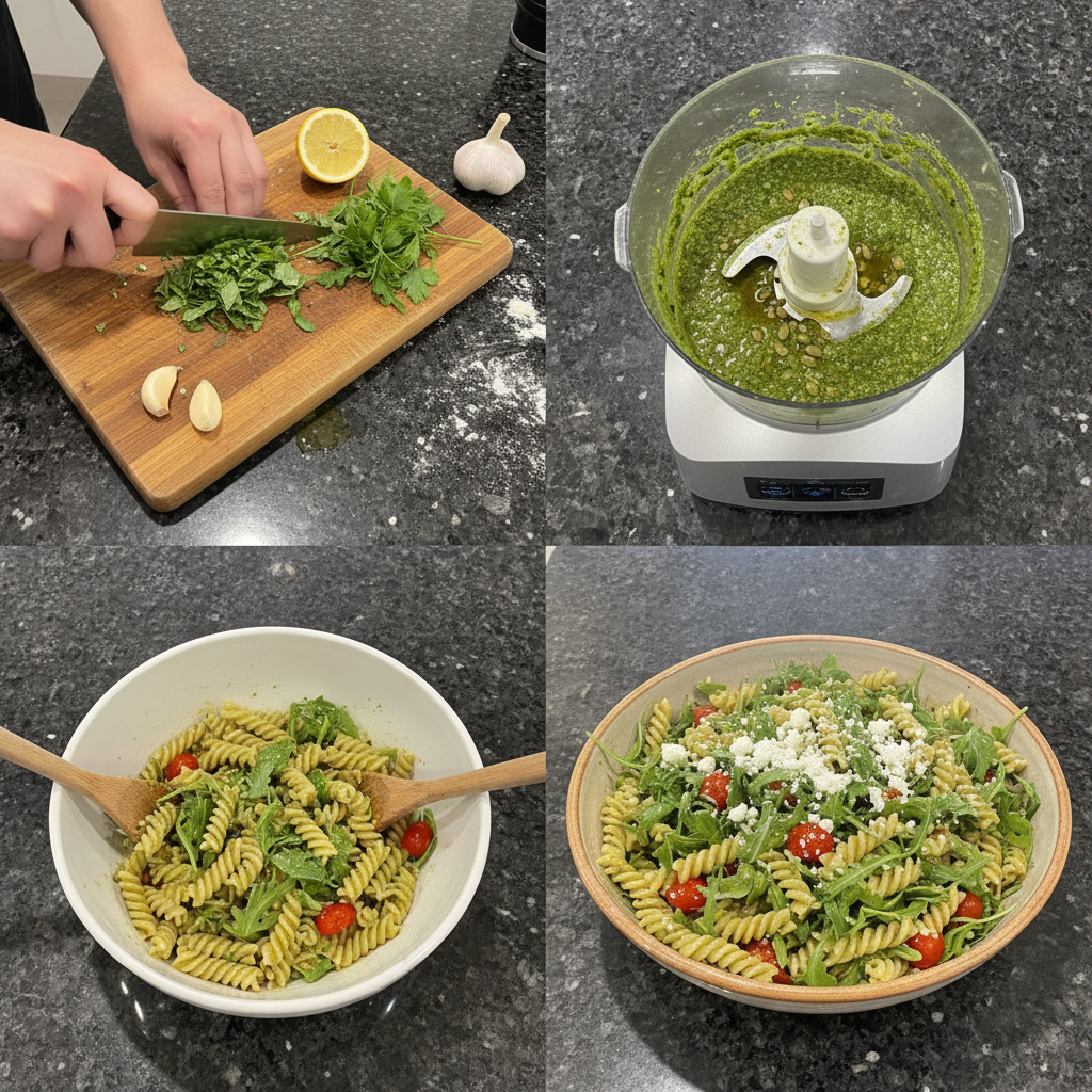 Preparing the pesto pasta salad, mixing pesto with cooked pasta.
